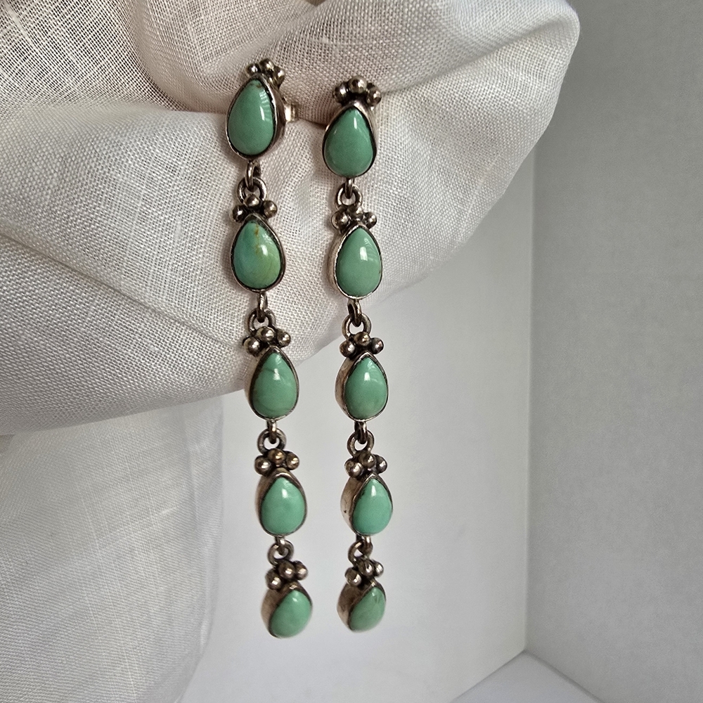 Turquoise Teardrop Dangle Sterling Silver Earrings Western Rodeo - Picture 8 of 9